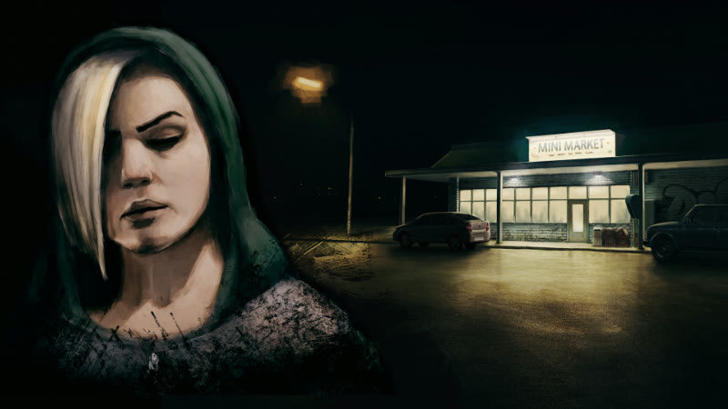 A woman in front of a mini market lit by streetlights at night, in Repentant
