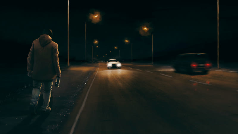 A man walks along a highway at night carrying a bottle, in Repentant