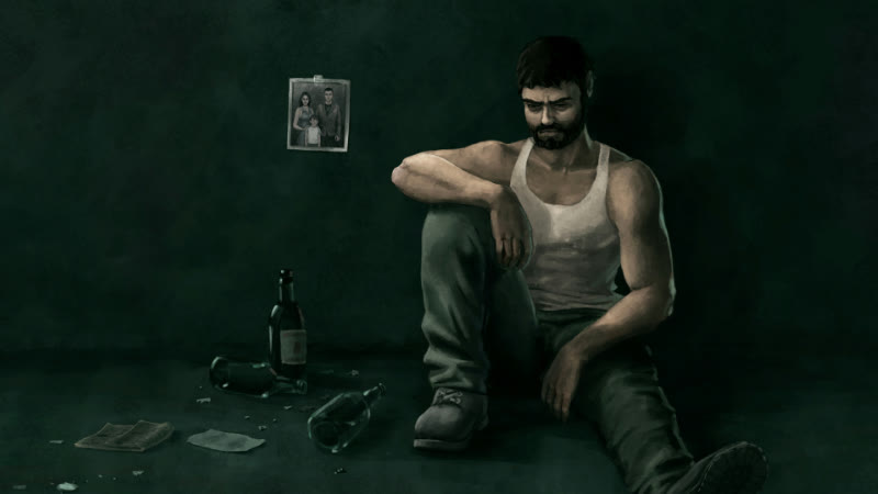 A man sits on the floor among empty bottles below a family photograph, in Repentant