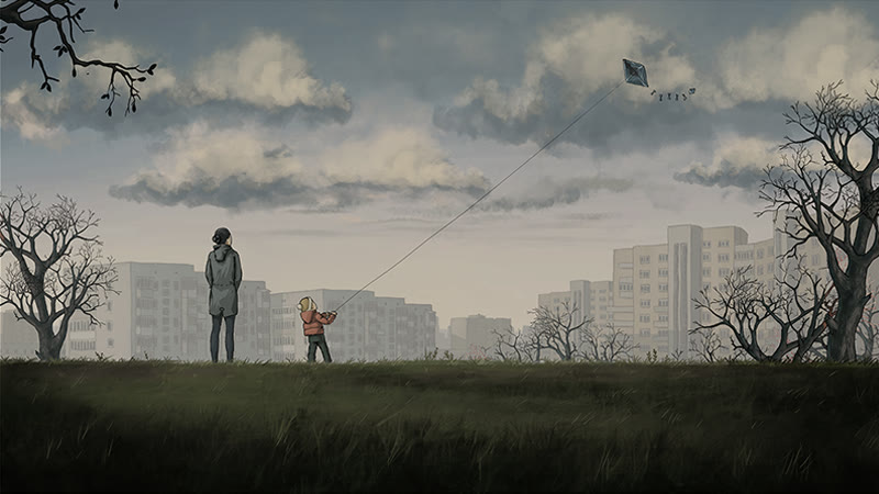 A woman and a small child fly a kite on waste ground in front of grey apartment blocks — artwork from Little Kite