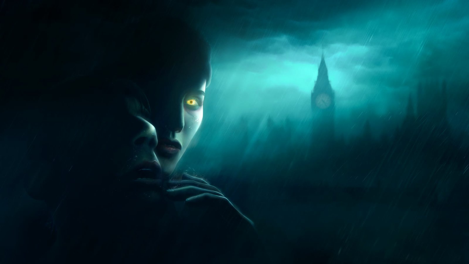 Two shadowed faces beneath a storm-lit tower in Thief's Shelter key art