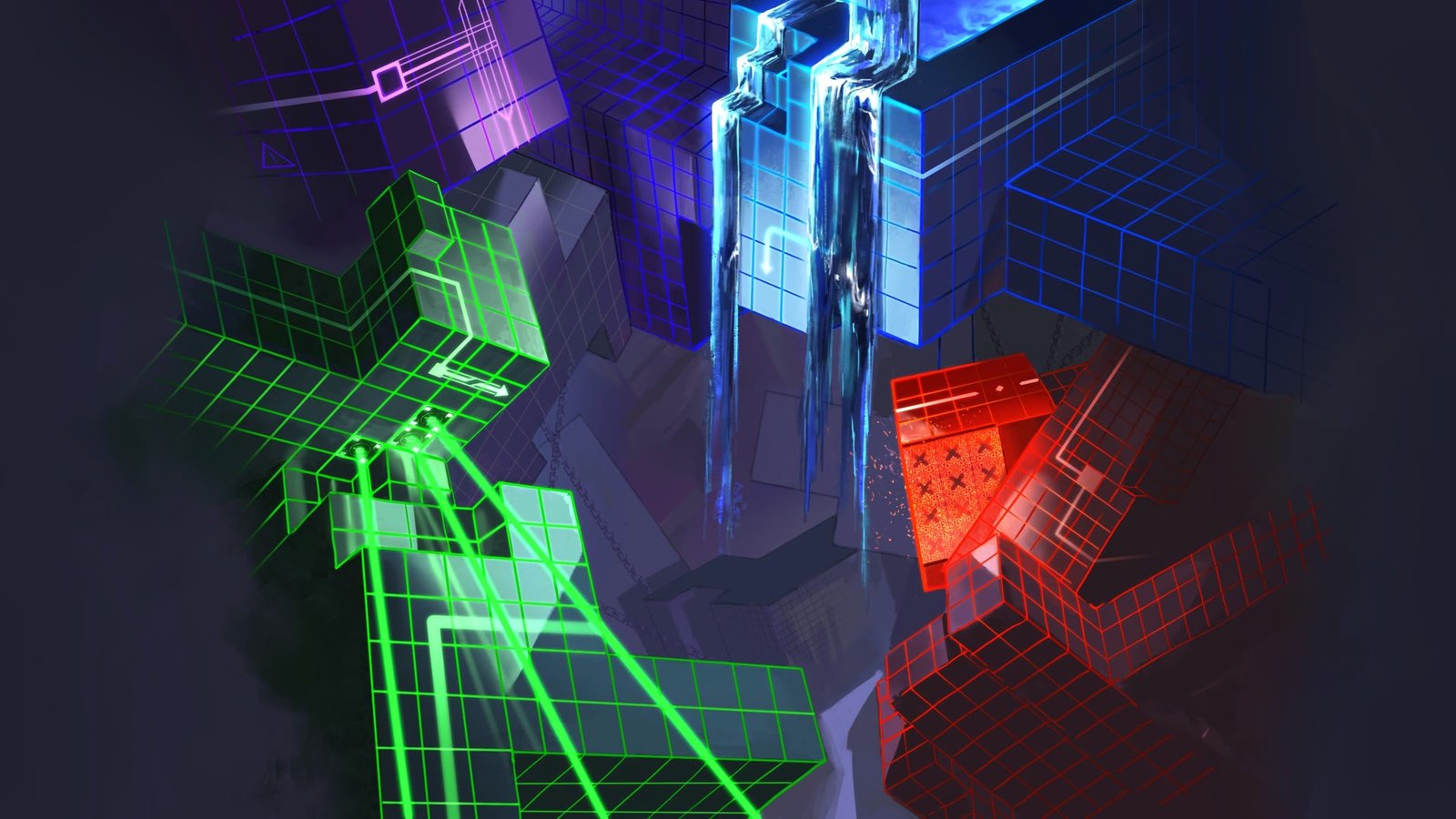 Neon green, blue and red puzzle architecture from LightQB